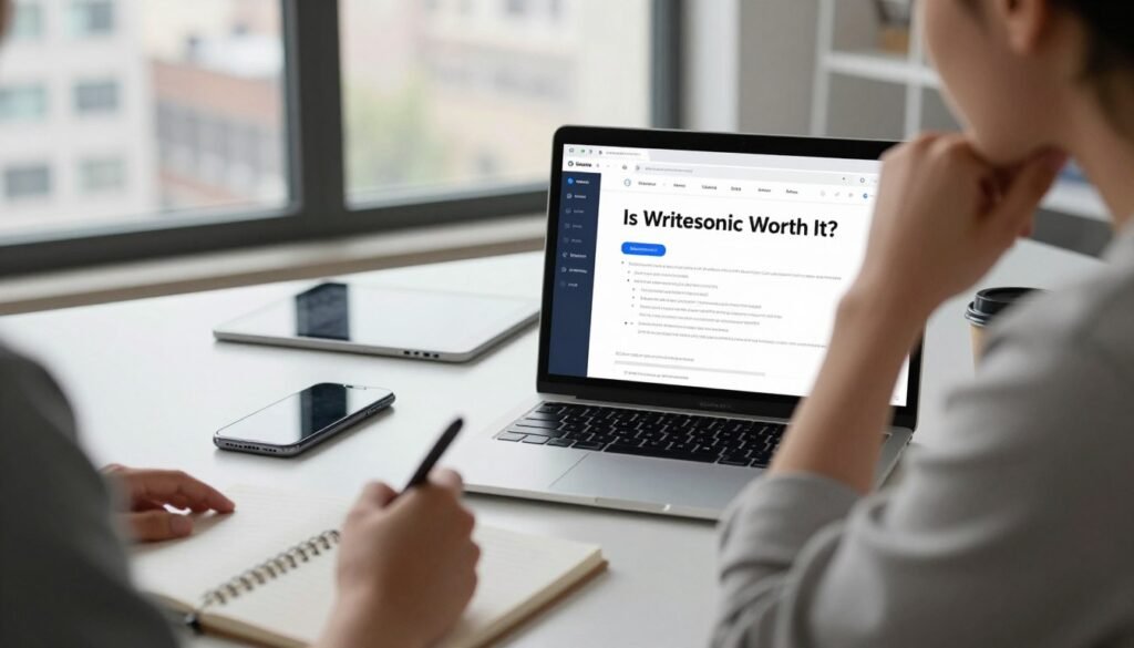 A professional workspace featuring a laptop displaying the Writesonic interface, with an open document showcasing its features. In the foreground, a person in smart casual attire is thoughtfully analyzing the screen, taking notes on a notepad. In the middle ground, a sleek desk cluttered with modern tech tools like a smartphone and tablet, indicating productivity and innovation. In the background, a window revealing a cityscape under soft, natural daylight that brings an uplifting atmosphere. The image captures a mood of contemplation and decision-making, highlighting the question "Is Writesonic Worth It?". The shot uses a shallow depth of field to focus on the subject and the screen, creating an inviting ambiance. A professional workspace featuring a laptop displaying the Writesonic interface, with an open document showcasing its features. In the foreground, a person in smart casual attire is thoughtfully analyzing the screen, taking notes on a notepad. In the middle ground, a sleek desk cluttered with modern tech tools like a smartphone and tablet, indicating productivity and innovation. In the background, a window revealing a cityscape under soft, natural daylight that brings an uplifting atmosphere. The image captures a mood of contemplation and decision-making, highlighting the question "Is Writesonic Worth It?". The shot uses a shallow depth of field to focus on the subject and the screen, creating an inviting ambiance.