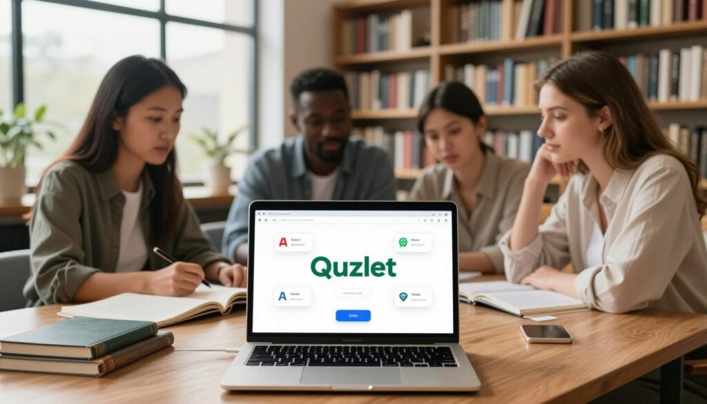 A professional workspace showcasing alternative educational technologies, with a focus on digital study tools. In the foreground, a modern laptop displaying a user-friendly interface resembling Quizlet with icons of various AI alternatives like flashcards and quizzes scattered around. The middle ground features a diverse group of three professionals — a young woman of Asian descent, a Black man, and a Caucasian woman, all dressed in smart casual clothing, discussing and collaborating over study materials. In the background, a cozy library setting with floor-to-ceiling bookshelves and soft, natural lighting filtering through large windows, creating a warm and inviting atmosphere. The overall mood is productive and innovative, highlighting collaboration in modern learning environments.