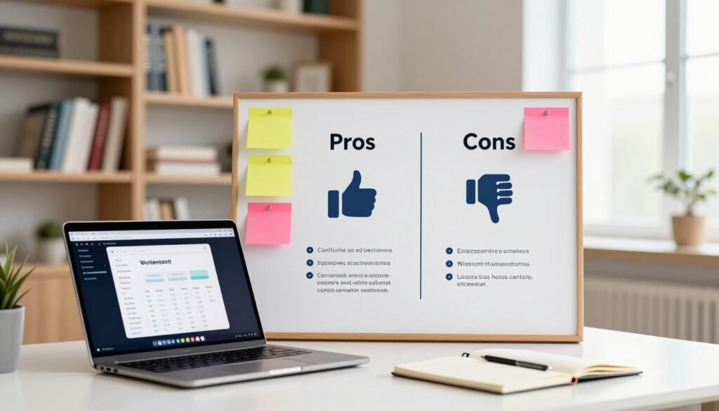 A professional workspace showcasing the pros and cons of Writesonic for AI content generation. In the foreground, a clean desk with a laptop displaying a sleek interface, surrounded by colorful sticky notes and a notepad illustrating key features. In the middle ground, a well-organized board with two columns titled “Pros” and “Cons,” featuring icons like a thumbs-up for pros and a thumbs-down for cons. The background features soft-focus bookshelves filled with informative books about AI and content creation, complemented by a bright window letting in natural light, creating an inspiring atmosphere. The setting is minimalist and modern, with a warm color palette to evoke a productive mood. A professional workspace showcasing the pros and cons of Writesonic for AI content generation. In the foreground, a clean desk with a laptop displaying a sleek interface, surrounded by colorful sticky notes and a notepad illustrating key features. In the middle ground, a well-organized board with two columns titled “Pros” and “Cons,” featuring icons like a thumbs-up for pros and a thumbs-down for cons. The background features soft-focus bookshelves filled with informative books about AI and content creation, complemented by a bright window letting in natural light, creating an inspiring atmosphere. The setting is minimalist and modern, with a warm color palette to evoke a productive mood.