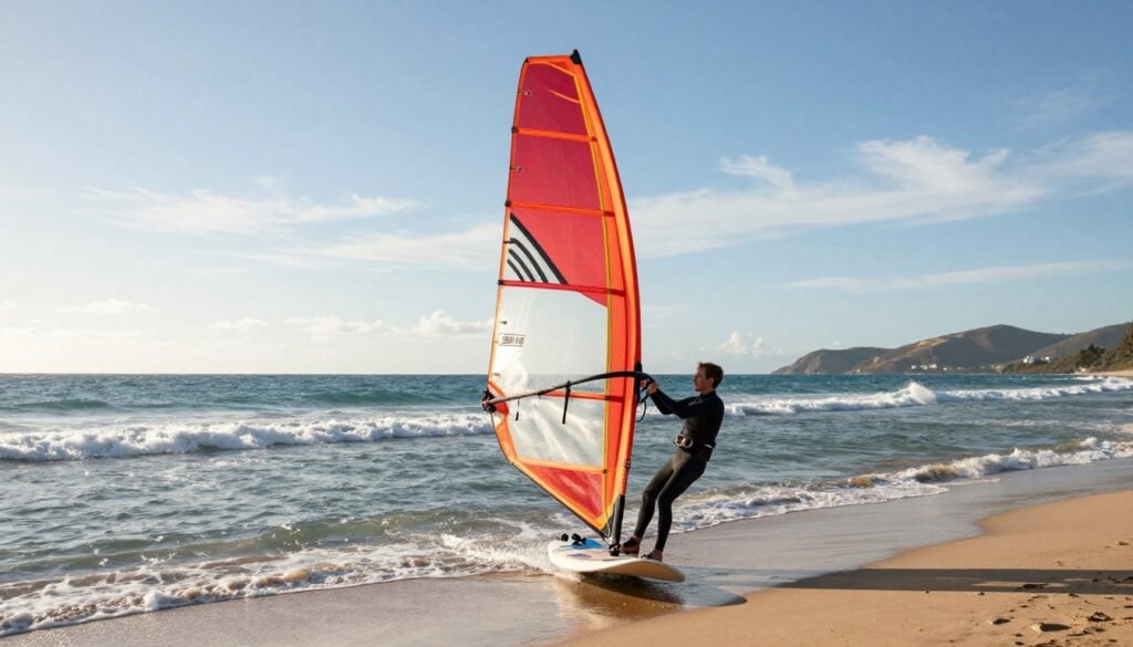 A serene beach scene featuring a vibrant windsurfing setup in the foreground, with a professional-looking windsurfer in smart casual clothing, expertly balancing on the board. In the middle ground, the ocean is captured with gentle waves reflecting the sunlight, creating a dynamic yet tranquil atmosphere. The background showcases a clear blue sky with wispy clouds and distant hills, enhancing the sense of freedom associated with wind sports. Soft lighting bathes the scene in a warm glow, evoking a sense of optimism and adventure. The angle is slightly elevated, providing a panoramic view that emphasizes both the windsurfer and the vastness of the open water. The overall mood is uplifting, inspiring curiosity about the worthiness of windsurfing technology in 2026. A serene beach scene featuring a vibrant windsurfing setup in the foreground, with a professional-looking windsurfer in smart casual clothing, expertly balancing on the board. In the middle ground, the ocean is captured with gentle waves reflecting the sunlight, creating a dynamic yet tranquil atmosphere. The background showcases a clear blue sky with wispy clouds and distant hills, enhancing the sense of freedom associated with wind sports. Soft lighting bathes the scene in a warm glow, evoking a sense of optimism and adventure. The angle is slightly elevated, providing a panoramic view that emphasizes both the windsurfer and the vastness of the open water. The overall mood is uplifting, inspiring curiosity about the worthiness of windsurfing technology in 2026.