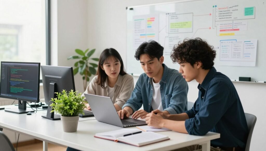A serene, modern workspace designed for beginners learning to build digital solutions. In the foreground, a diverse group of three individuals, two men and one woman, are engaged in a collaborative discussion over a laptop, all dressed in smart casual clothing. The middle layer showcases a sleek desk cluttered with technical notebooks, digital tools, and a vibrant plant, embodying a dynamic yet organized environment. In the background, a large whiteboard filled with colorful diagrams and code annotations illustrates the learning process. Soft, natural lighting streams through a window, creating an inviting atmosphere, while a slight depth of field focuses on the group. The overall mood is encouraging and inspiring, perfect for aspiring coders entering the tech world.