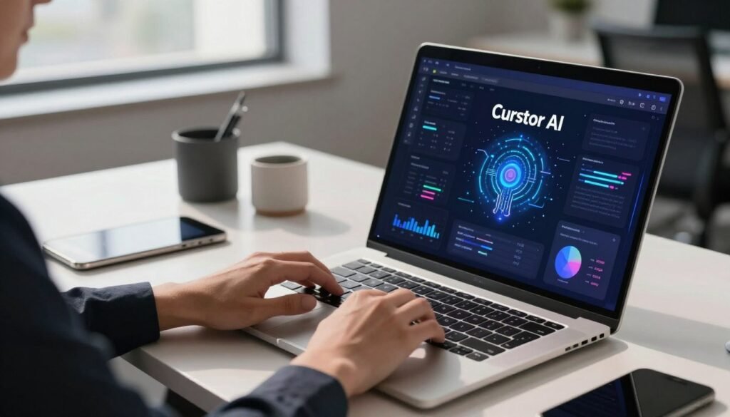 A sleek and modern digital workspace featuring a high-tech typing tool named "Cursor AI." In the foreground, a close-up of a laptop screen displaying an intuitive interface with bright, colorful graphics representing machine learning concepts and data analytics. A human hand is seen typing on the keyboard, dressed in professional business attire, focused yet relaxed. In the middle ground, a stylish desk with a futuristic design, adorned with tech gadgets and a digital notepad, adds a sense of organization. The background includes a softly lit office environment with a large window letting in natural light, casting gentle shadows. The overall mood is innovative and dynamic, capturing the essence of productivity and creativity in the realm of AI-driven tools. A sleek and modern digital workspace featuring a high-tech typing tool named "Cursor AI." In the foreground, a close-up of a laptop screen displaying an intuitive interface with bright, colorful graphics representing machine learning concepts and data analytics. A human hand is seen typing on the keyboard, dressed in professional business attire, focused yet relaxed. In the middle ground, a stylish desk with a futuristic design, adorned with tech gadgets and a digital notepad, adds a sense of organization. The background includes a softly lit office environment with a large window letting in natural light, casting gentle shadows. The overall mood is innovative and dynamic, capturing the essence of productivity and creativity in the realm of AI-driven tools.