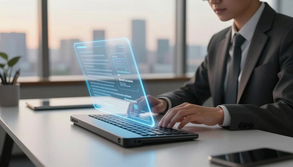 A sleek and modern office environment with a futuristic twist, focusing on a high-tech AI writing tool in the foreground. The tool is displayed on a stylish keyboard, with a digital holographic interface projecting text and ideas in mid-air, showcasing advanced features like grammar correction and content suggestions. In the middle ground, a person in professional business attire, appearing focused and engaged, is interacting with the AI tool. The background features a minimalist desk with a soft-focus city skyline through large windows, illuminated by warm, natural light. The overall mood is innovative and productive, with a sense of creativity and efficiency in the air, depicted in a cinematic angle that emphasizes the synergy between technology and human input. A sleek and modern office environment with a futuristic twist, focusing on a high-tech AI writing tool in the foreground. The tool is displayed on a stylish keyboard, with a digital holographic interface projecting text and ideas in mid-air, showcasing advanced features like grammar correction and content suggestions. In the middle ground, a person in professional business attire, appearing focused and engaged, is interacting with the AI tool. The background features a minimalist desk with a soft-focus city skyline through large windows, illuminated by warm, natural light. The overall mood is innovative and productive, with a sense of creativity and efficiency in the air, depicted in a cinematic angle that emphasizes the synergy between technology and human input.