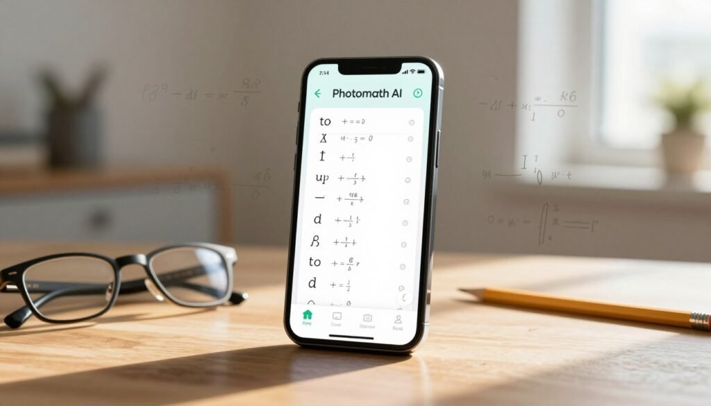 A sleek and modern smartphone displaying the Photomath AI app interface, featuring a visually appealing and user-friendly math-solving layout. In the foreground, the phone is positioned on a wooden desk, with a pair of glasses and a pencil beside it, emphasizing a study environment. The middle ground showcases various mathematical symbols and equations subtly fading into the background, suggesting the app’s advanced capabilities. Soft, natural lighting streams in from a nearby window, casting gentle shadows and creating an inviting atmosphere. The background is blurred, hinting at a cozy home study, enhancing the focus on the smartphone. The overall mood is professional yet approachable, portraying the innovative essence of the Photomath app and its features.