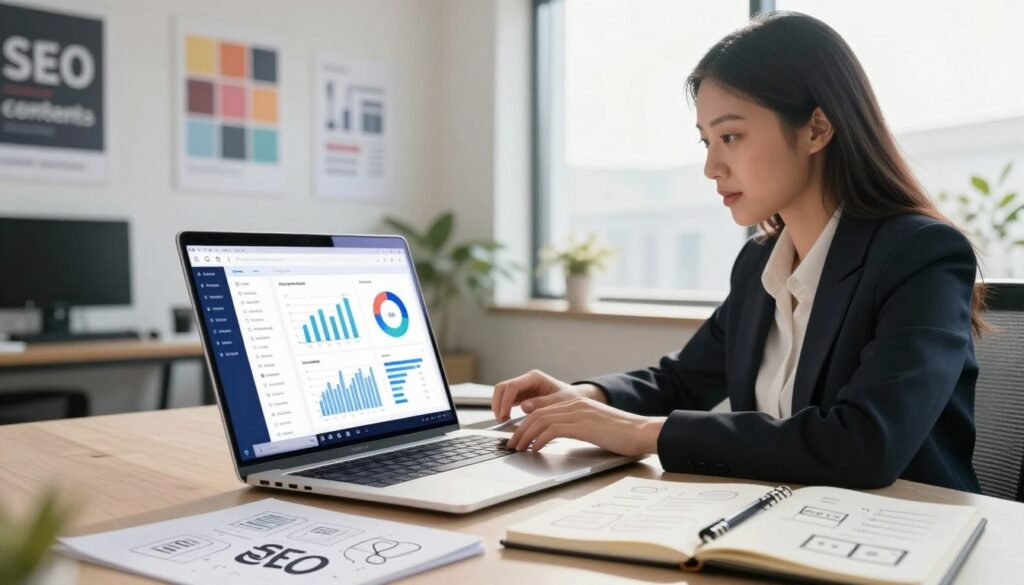 A sleek and modern workspace featuring an AI writing tool for SEO content. In the foreground, depict a stylish laptop with a vibrant screen displaying a user-friendly interface and graphs indicating SEO performance metrics. Nearby, a notepad with brainstorming notes and SEO keywords sprawled across the desk. The middle ground should showcase a digital marketing professional, a woman dressed in professional business attire, with a focused expression as she engages with the tool. The background features a bright office environment, filled with motivational posters about content creation and analytics. Soft, natural lighting from a large window casts a warm glow, creating a productive atmosphere. The overall mood is inspiring and innovative, reflecting the future of SEO content creation. A sleek and modern workspace featuring an AI writing tool for SEO content. In the foreground, depict a stylish laptop with a vibrant screen displaying a user-friendly interface and graphs indicating SEO performance metrics. Nearby, a notepad with brainstorming notes and SEO keywords sprawled across the desk. The middle ground should showcase a digital marketing professional, a woman dressed in professional business attire, with a focused expression as she engages with the tool. The background features a bright office environment, filled with motivational posters about content creation and analytics. Soft, natural lighting from a large window casts a warm glow, creating a productive atmosphere. The overall mood is inspiring and innovative, reflecting the future of SEO content creation.