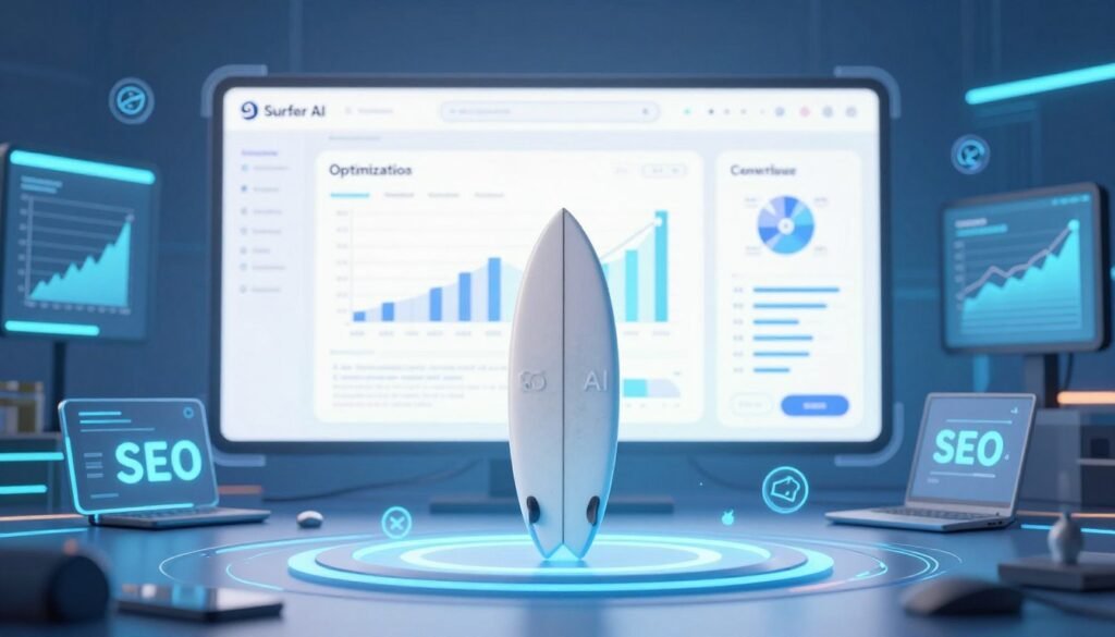 A sleek, futuristic Surfer AI logo centered in the foreground, surrounded by digital elements symbolizing SEO such as graphs, keywords, and analytics icons. In the middle ground, a semi-transparent interface displays features and tools of the Surfer AI platform, showcasing analytics, optimization suggestions, and content writing aids. The background features a tech-inspired workspace with glowing screens and a soft blue hue, suggesting innovation and professionalism. Lighting is bright but soft, illuminating the elements clearly without harsh shadows. The atmosphere is dynamic yet structured, evoking a sense of efficiency and modernity. The scene should feel collaborative, hinting at the pros and cons of the Surfer AI tool without textual annotations or distractions.