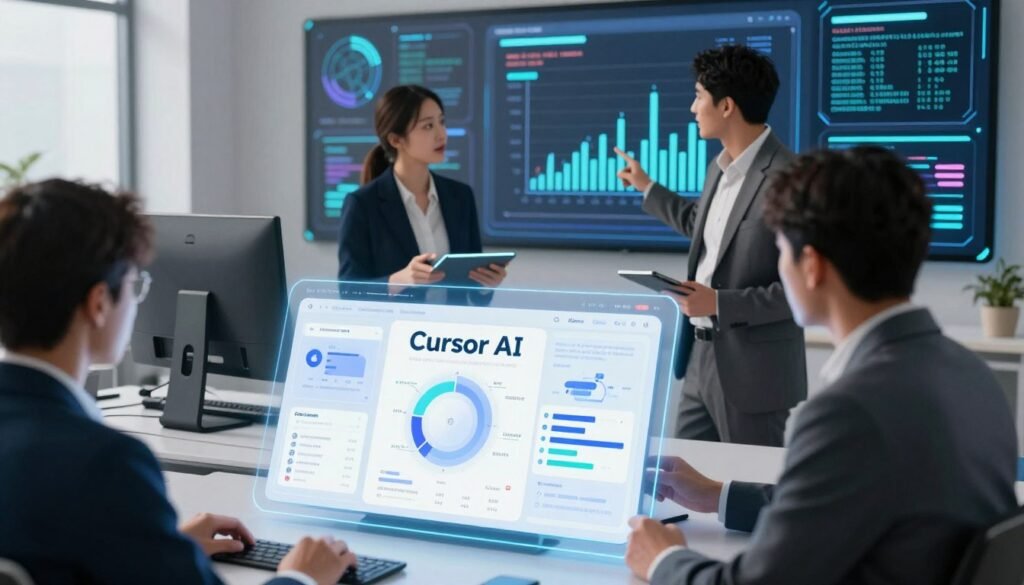 A sleek, futuristic digital workspace showcasing "Cursor AI" as the central focus. In the foreground, a sophisticated, glowing representation of the Cursor AI interface with interactive elements, displaying features like analytics and user-friendly dashboards. In the middle ground, two professionals in smart business attire, engaged in discussion, with one analyzing data on a tablet while the other points at a high-tech screen displaying a comparison chart of Cursor AI versus its competitors. In the background, an abstract representation of competing AI technologies, blending various elements like graphs, binary code, and algorithmic patterns for a dynamic feel. The lighting is bright and modern, with a soft focus effect that creates an inspiring, collaborative atmosphere, captured from a slightly elevated angle to enhance the depth and perspective. A sleek, futuristic digital workspace showcasing "Cursor AI" as the central focus. In the foreground, a sophisticated, glowing representation of the Cursor AI interface with interactive elements, displaying features like analytics and user-friendly dashboards. In the middle ground, two professionals in smart business attire, engaged in discussion, with one analyzing data on a tablet while the other points at a high-tech screen displaying a comparison chart of Cursor AI versus its competitors. In the background, an abstract representation of competing AI technologies, blending various elements like graphs, binary code, and algorithmic patterns for a dynamic feel. The lighting is bright and modern, with a soft focus effect that creates an inspiring, collaborative atmosphere, captured from a slightly elevated angle to enhance the depth and perspective.
