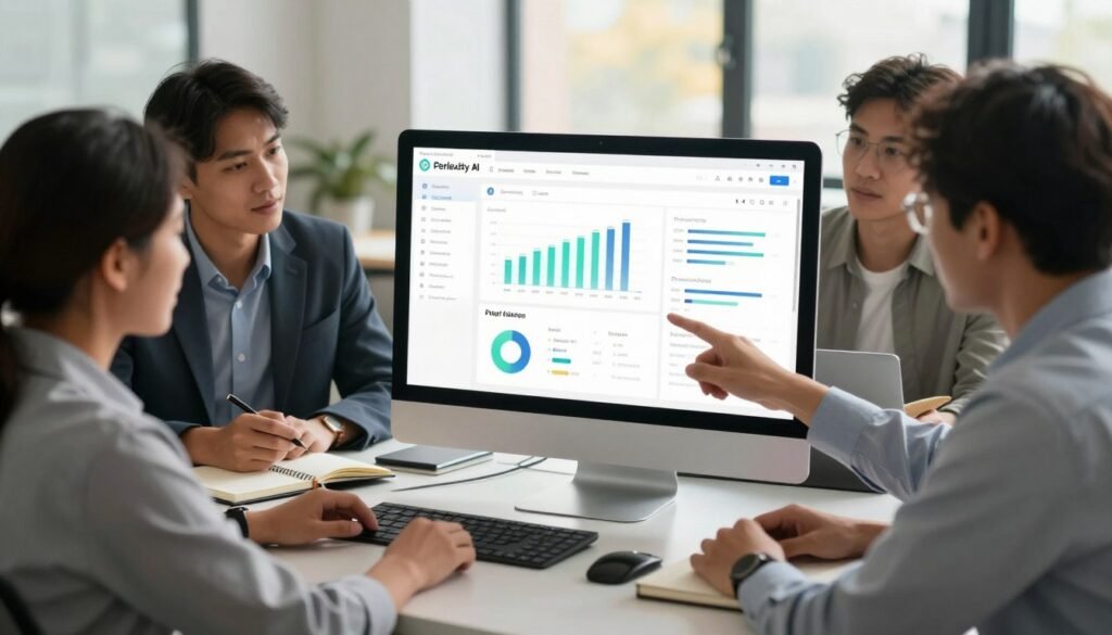 A sleek, modern Perplexity AI dashboard on a high-resolution computer screen, showcasing various analytical features like graphs, charts, and AI-powered suggestions. In the foreground, a professional, ethnically diverse group of individuals in business attire is engaged in discussion around the computer, pointing at the screen and sharing insights. In the middle ground, the desk is cluttered with notebooks and digital devices, emphasizing a collaborative workspace. The background features a contemporary office environment with large windows letting in warm, natural light. The scene is vibrant and informative, conveying a sense of innovation and teamwork, with a focus on technology and productivity. The lighting is bright and soft, creating an inviting atmosphere conducive to learning and exploration.