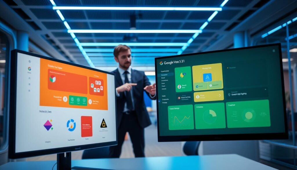 A sleek, modern digital interface showcasing Google Veo 3.1 in an immersive workspace setting. In the foreground, there’s a high-resolution screen displaying the Google Veo 3.1 dashboard with vibrant, intuitive design elements. The middle ground features a professional individual, dressed in smart business attire, engaged with the interface, pointing at various features on the screen. The background consists of a high-tech office environment, with soft blue LED lighting that creates a futuristic yet welcoming atmosphere. The camera angle is slightly elevated, capturing both the user interaction and the clarity of the interface. The image conveys a sense of innovation and productivity, inviting viewers to explore the capabilities of Google Veo 3.1. A sleek, modern digital interface showcasing Google Veo 3.1 in an immersive workspace setting. In the foreground, there’s a high-resolution screen displaying the Google Veo 3.1 dashboard with vibrant, intuitive design elements. The middle ground features a professional individual, dressed in smart business attire, engaged with the interface, pointing at various features on the screen. The background consists of a high-tech office environment, with soft blue LED lighting that creates a futuristic yet welcoming atmosphere. The camera angle is slightly elevated, capturing both the user interaction and the clarity of the interface. The image conveys a sense of innovation and productivity, inviting viewers to explore the capabilities of Google Veo 3.1.