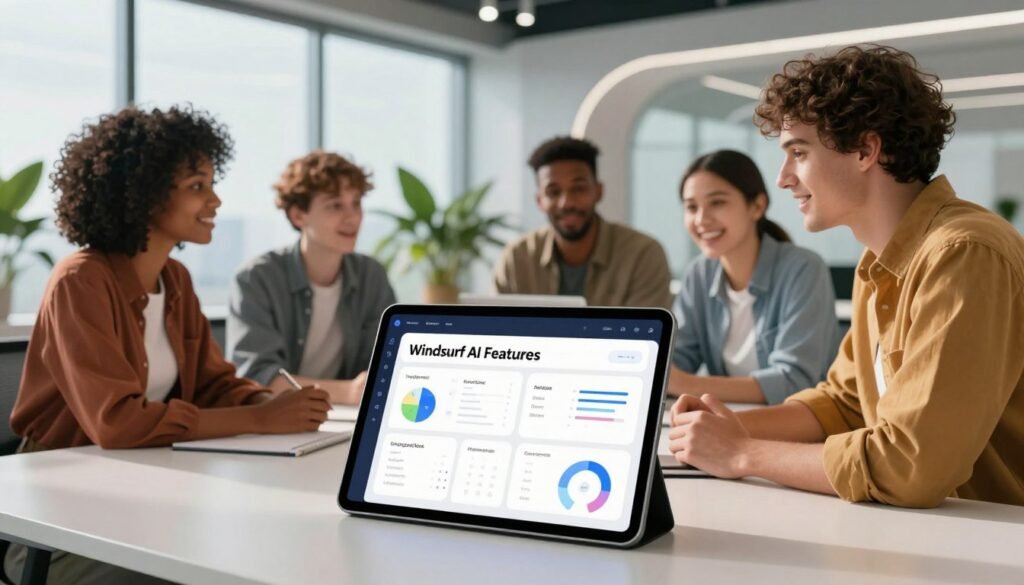 A sleek, modern digital workspace showcasing "Windsurf AI Features" in action. In the foreground, a high-resolution tablet displays an intuitive user interface, illustrating advanced features like intelligent analytics and real-time data visualization. The middle ground includes a diverse team of professionals in smart casual attire, engaged in a discussion around the tablet, their expressions showing excitement and collaboration. The background features a futuristic office setting with large windows, streaming natural light, and plants for a lively atmosphere. Soft shadows highlight the innovative tech while vibrant colors evoke a sense of creativity and inspiration. The angle captures a balanced view, emphasizing the technology while framing the collaborative spirit of the team. A sleek, modern digital workspace showcasing "Windsurf AI Features" in action. In the foreground, a high-resolution tablet displays an intuitive user interface, illustrating advanced features like intelligent analytics and real-time data visualization. The middle ground includes a diverse team of professionals in smart casual attire, engaged in a discussion around the tablet, their expressions showing excitement and collaboration. The background features a futuristic office setting with large windows, streaming natural light, and plants for a lively atmosphere. Soft shadows highlight the innovative tech while vibrant colors evoke a sense of creativity and inspiration. The angle captures a balanced view, emphasizing the technology while framing the collaborative spirit of the team.