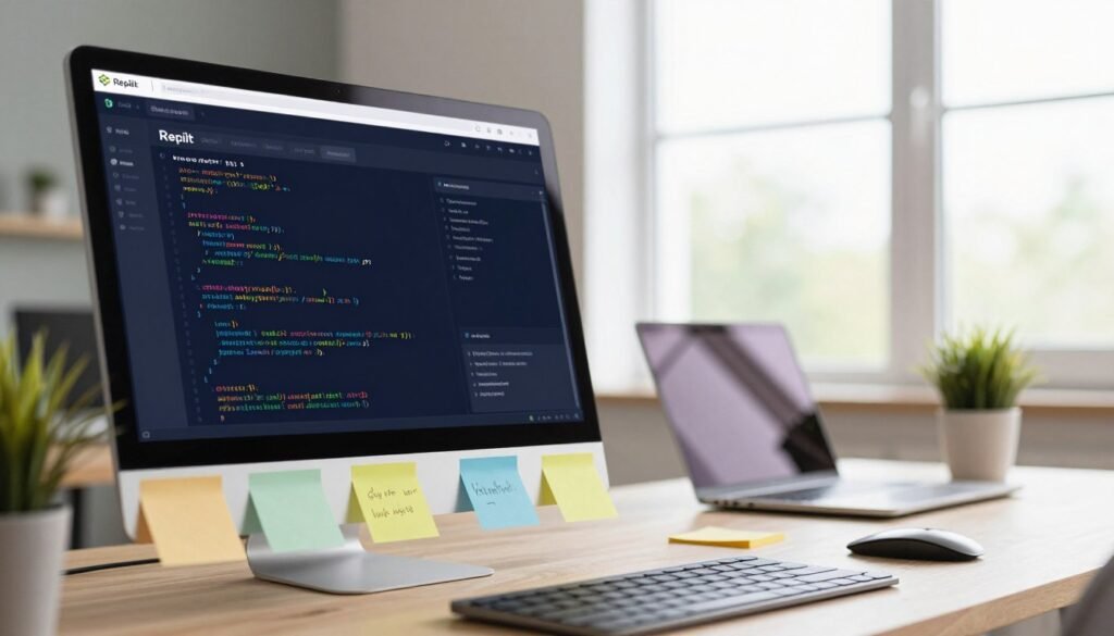 A sleek, modern digital workspace showcasing the Replit coding tool interface. In the foreground, a computer screen displays vibrant code snippets in various programming languages, with the Replit logo prominently featured. The middle layer includes a neatly organized desk with a laptop, colorful sticky notes, and a potted plant, conveying a tech-savvy atmosphere. The background should feature a large window with bright, natural light streaming in, illuminating the scene and creating a fresh, energizing mood. Use a slightly angled perspective to emphasize depth, and apply soft focus to blend the background. The color palette should be balanced and inviting, focusing on blues, greens, and warm neutrals to reflect innovation and creativity without distractions. A sleek, modern digital workspace showcasing the Replit coding tool interface. In the foreground, a computer screen displays vibrant code snippets in various programming languages, with the Replit logo prominently featured. The middle layer includes a neatly organized desk with a laptop, colorful sticky notes, and a potted plant, conveying a tech-savvy atmosphere. The background should feature a large window with bright, natural light streaming in, illuminating the scene and creating a fresh, energizing mood. Use a slightly angled perspective to emphasize depth, and apply soft focus to blend the background. The color palette should be balanced and inviting, focusing on blues, greens, and warm neutrals to reflect innovation and creativity without distractions.