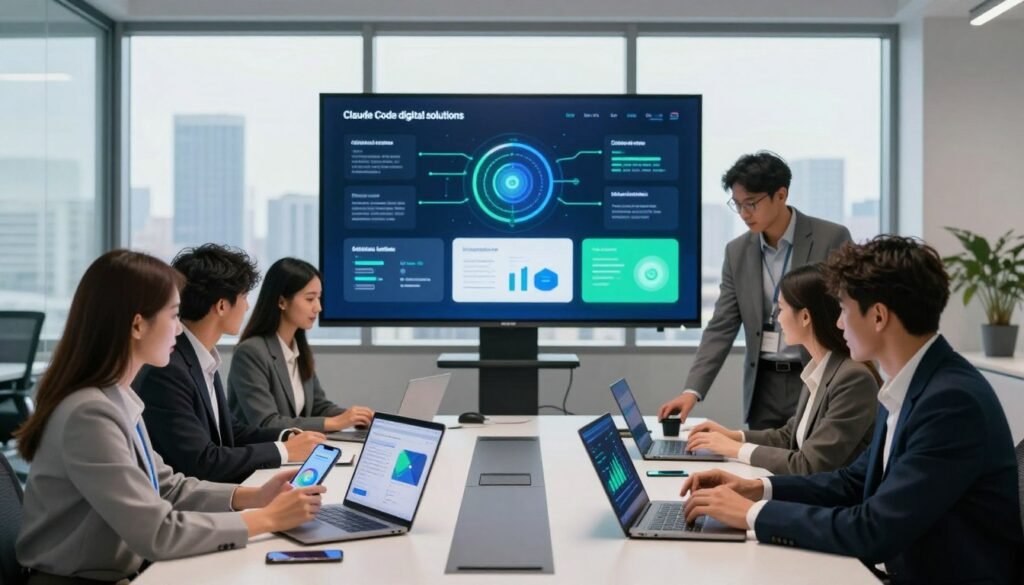 A sleek, modern office environment representing "Claude Code digital solutions." In the foreground, a diverse group of professionals in smart business attire collaborate around a high-tech conference table, analyzing smartphones and laptops displaying vibrant graphs and software interfaces. In the middle, a large digital screen showcases various app integrations and extensions, illuminated with soft blue and green lighting. The background features large windows with a city skyline view, allowing natural light to flood the space. The mood is dynamic and innovative, radiating a sense of teamwork and technological advancement. Capture this scene from a slightly elevated angle to create depth, ensuring a clear view of the digital interactions while maintaining the professional atmosphere.