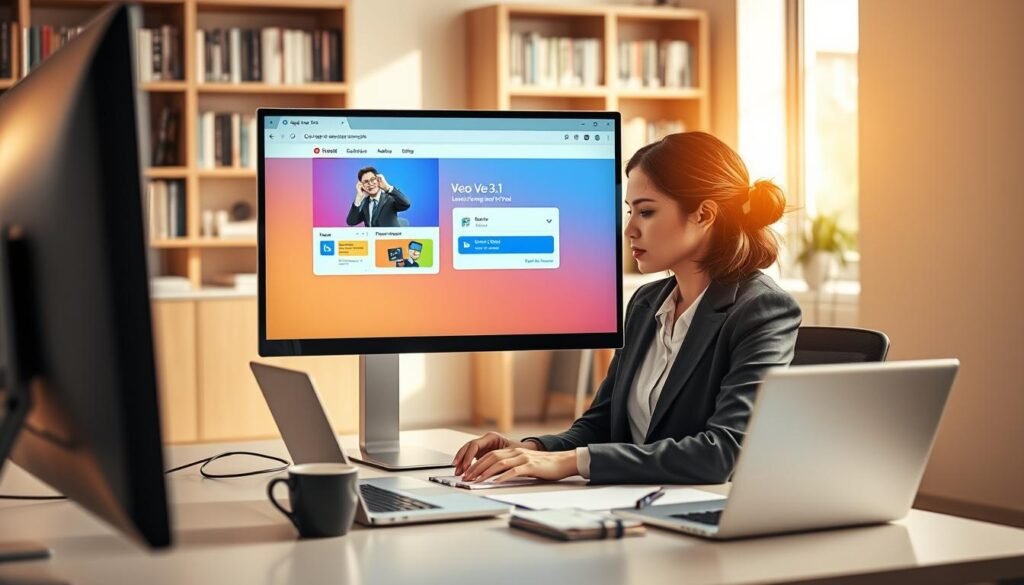 A sleek, modern office setting depicting a computer screen showcasing the Google Veo 3.1 login interface. In the foreground, the screen displays a user-friendly dashboard filled with vibrant colors, including tabs for video upload, analytics, and settings. A professional woman in modest business attire is seated at the desk, focusing intently on the screen as she types her credentials. The middle ground includes a stylish desk with a laptop, notepad, and a coffee mug, emphasizing productivity. The background features soft-focus bookshelf cabinets filled with technology books, creating a knowledge-rich atmosphere. Warm, natural lighting streams in from a window, creating a welcoming and efficient workspace mood, captured from a slightly elevated angle for a comprehensive view. A sleek, modern office setting depicting a computer screen showcasing the Google Veo 3.1 login interface. In the foreground, the screen displays a user-friendly dashboard filled with vibrant colors, including tabs for video upload, analytics, and settings. A professional woman in modest business attire is seated at the desk, focusing intently on the screen as she types her credentials. The middle ground includes a stylish desk with a laptop, notepad, and a coffee mug, emphasizing productivity. The background features soft-focus bookshelf cabinets filled with technology books, creating a knowledge-rich atmosphere. Warm, natural lighting streams in from a window, creating a welcoming and efficient workspace mood, captured from a slightly elevated angle for a comprehensive view.