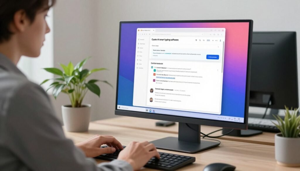A sleek, modern workspace featuring a computer screen displaying the user interface of "Cursor AI smart typing software," showcasing various features like text suggestions and smart corrections. In the foreground, a business professional in smart attire is focused on typing, fingers poised over the keyboard, with a look of concentration. The middle layer includes a clear, detailed view of the software's dashboard with vibrant colors and intuitive design elements. In the background, a minimalist office setting with soft, natural lighting and a potted plant adds a calm and productive atmosphere. The scene should convey innovation and efficiency, emphasizing the advanced capabilities of the software. No text or logos are included in the image. A sleek, modern workspace featuring a computer screen displaying the user interface of "Cursor AI smart typing software," showcasing various features like text suggestions and smart corrections. In the foreground, a business professional in smart attire is focused on typing, fingers poised over the keyboard, with a look of concentration. The middle layer includes a clear, detailed view of the software's dashboard with vibrant colors and intuitive design elements. In the background, a minimalist office setting with soft, natural lighting and a potted plant adds a calm and productive atmosphere. The scene should convey innovation and efficiency, emphasizing the advanced capabilities of the software. No text or logos are included in the image.