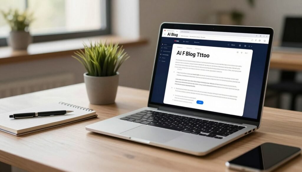 A sleek, modern workspace featuring a high-end laptop displaying a vibrant interface of the AI blog writing tool, showcasing a visually appealing text layout. In the foreground, an elegantly designed notepad and pen hint at creativity and planning. The middle ground includes a stylish desk adorned with a small potted plant, emitting a fresh, natural vibe. In the background, a soft-focus view of a cozy office with warm lighting filtering through a window, creating an inviting and productive atmosphere. The scene should convey a balance of innovation and professionalism, with a slight hint of technology-driven creativity. The overall mood is inspiring and conducive to brainstorming and writing. A sleek, modern workspace featuring a high-end laptop displaying a vibrant interface of the AI blog writing tool, showcasing a visually appealing text layout. In the foreground, an elegantly designed notepad and pen hint at creativity and planning. The middle ground includes a stylish desk adorned with a small potted plant, emitting a fresh, natural vibe. In the background, a soft-focus view of a cozy office with warm lighting filtering through a window, creating an inviting and productive atmosphere. The scene should convey a balance of innovation and professionalism, with a slight hint of technology-driven creativity. The overall mood is inspiring and conducive to brainstorming and writing.