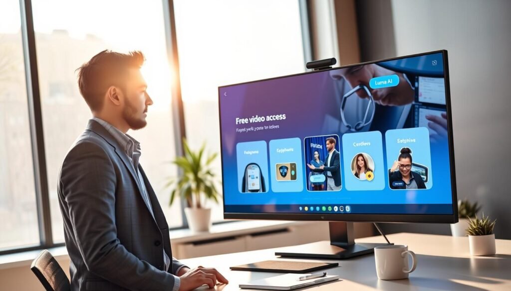 A sleek, modern workspace featuring a large computer monitor displaying a vibrant interface of Luma AI, showcasing various video access options. In the foreground, a professional-looking individual in smart casual attire, engaged in using the software, with a focused expression. The middle ground includes a stylish desk with minimalist design elements, a notepad, and a coffee cup. The background features a large window letting in soft, natural light that creates an inviting atmosphere. Subtle reflections on the monitor highlight the concept of 'free video access,' while the overall scene feels empowering and innovative. The lighting is warm yet bright, enhancing the sense of possibility and modern technology.
