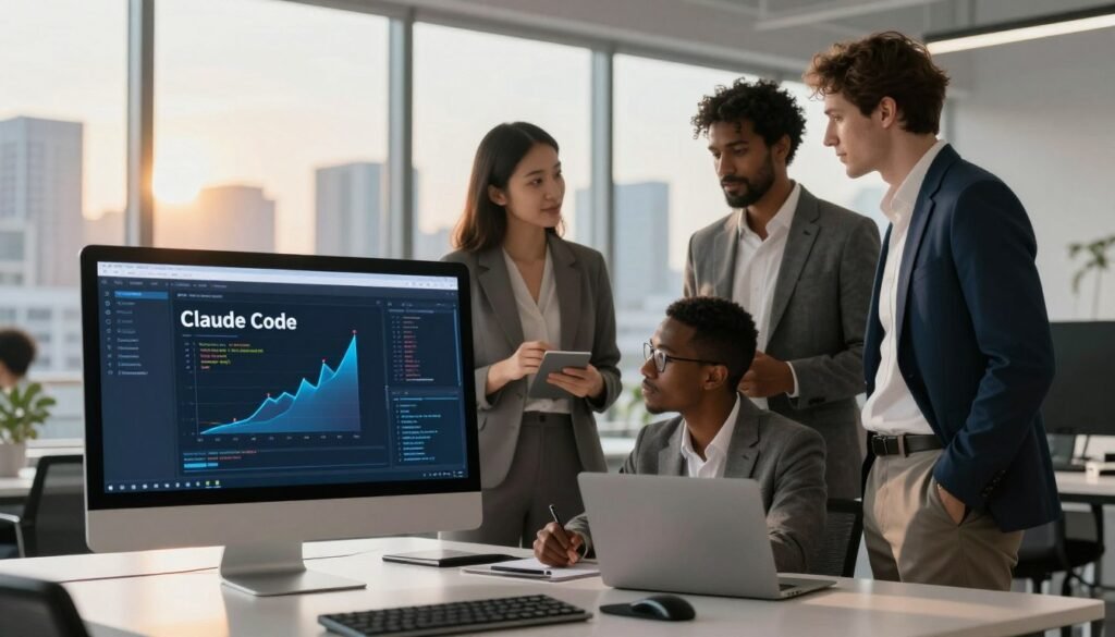A sleek, modern workspace showcasing "Claude Code," a sophisticated AI software tool. In the foreground, a futuristic computer screen displays an intuitive interface filled with beautifully designed graphs and code snippets, illuminated by a soft blue light. In the middle, a diverse group of three professionals in smart business attire are collaborating, deeply engaged in discussing features and functionalities, their expressions conveying enthusiasm and innovation. In the background, large windows reveal a vibrant city skyline, bathed in golden sunlight, symbolizing progress and technology. The atmosphere is dynamic yet focused, highlighting the advanced capabilities of Claude Code, with a clean, minimalistic aesthetic. Capture this scene with a medium shot, utilizing natural lighting for warmth and clarity.