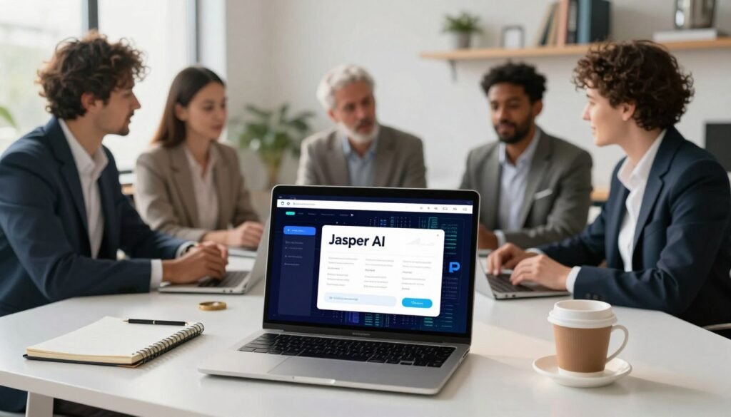 A sleek, modern workspace showcasing Jasper AI as the centerpiece, surrounded by a digital landscape of data and artificial intelligence concepts. In the foreground, a high-tech laptop displays the Jasper AI interface with vivid graphics illustrating its features, surrounded by neatly arranged tools like a notepad and a coffee cup, emphasizing productivity. The middle ground features a diverse group of professionals in smart business attire, engaged in a discussion about Jasper AI’s capabilities, their expressions reflecting curiosity and enthusiasm. The background reveals soft-focus elements like blurred office decor and shelves filled with books on technology and innovation, creating an inspiring atmosphere. The lighting is bright and inviting, with a warm glow illuminating the scene, highlighting the dynamic interaction between technology and users. A sleek, modern workspace showcasing Jasper AI as the centerpiece, surrounded by a digital landscape of data and artificial intelligence concepts. In the foreground, a high-tech laptop displays the Jasper AI interface with vivid graphics illustrating its features, surrounded by neatly arranged tools like a notepad and a coffee cup, emphasizing productivity. The middle ground features a diverse group of professionals in smart business attire, engaged in a discussion about Jasper AI’s capabilities, their expressions reflecting curiosity and enthusiasm. The background reveals soft-focus elements like blurred office decor and shelves filled with books on technology and innovation, creating an inspiring atmosphere. The lighting is bright and inviting, with a warm glow illuminating the scene, highlighting the dynamic interaction between technology and users.