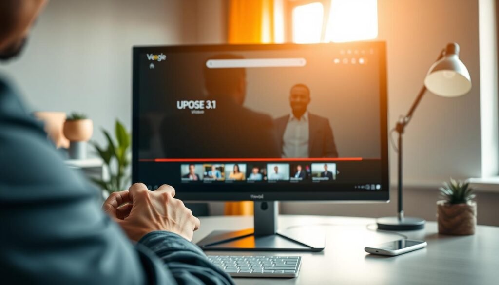 A sleek, modern workspace showcasing a user engaging with the Google Veo 3.1 interface on a high-resolution monitor. In the foreground, a close-up of hands carefully uploading videos, with a clear view of the intuitive navigation buttons on the screen. The middle layer features the vibrant and clean Google Veo 3.1 interface, displaying a video upload progress bar, with colorful thumbnails of videos being uploaded. The background includes soft-focus elements of a contemporary office, such as a potted plant and a stylish desk lamp, bathed in warm, natural light filtering through a window. The atmosphere conveys a sense of productivity and innovation, with a 35mm lens perspective emphasizing depth and clarity, ensuring a professional and inviting scene. A sleek, modern workspace showcasing a user engaging with the Google Veo 3.1 interface on a high-resolution monitor. In the foreground, a close-up of hands carefully uploading videos, with a clear view of the intuitive navigation buttons on the screen. The middle layer features the vibrant and clean Google Veo 3.1 interface, displaying a video upload progress bar, with colorful thumbnails of videos being uploaded. The background includes soft-focus elements of a contemporary office, such as a potted plant and a stylish desk lamp, bathed in warm, natural light filtering through a window. The atmosphere conveys a sense of productivity and innovation, with a 35mm lens perspective emphasizing depth and clarity, ensuring a professional and inviting scene.