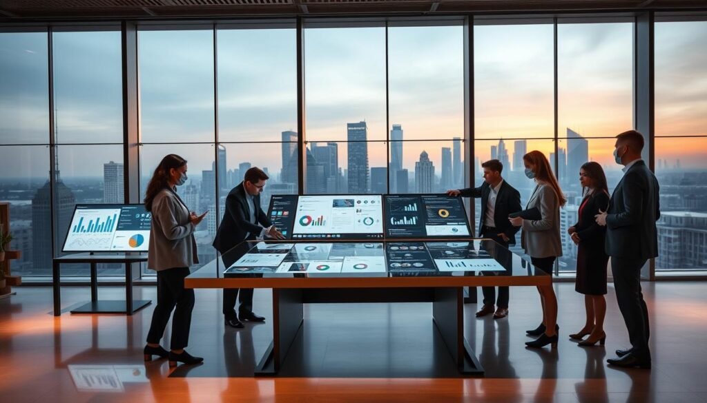 A sleek, modern workspace showcasing the integration of natural language processing and automation within Google Flow AI. In the foreground, a diverse group of professionals in business attire collaborates around a large digital touchscreen table, analyzing visual data and AI-generated insights. The middle ground features various digital interfaces displaying graphs, charts, and flow diagrams that demonstrate AI processes in action. The background depicts futuristic city skyline windows, softly illuminated by ambient evening light, casting a warm glow throughout the room. The atmosphere is innovative and dynamic, emphasizing collaboration and advanced technology, captured with a wide-angle lens for an immersive perspective, with soft shadows adding depth and a sense of realism.