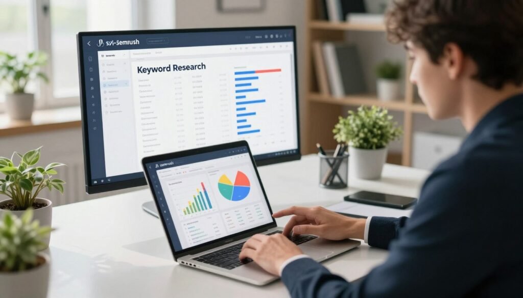 A sleek, modern workspace showcasing the process of Semrush keyword research. In the foreground, a professional-looking person, dressed in smart business attire, intently analyzing data on a laptop, showcasing the Semrush interface with colorful graphs and charts. The middle ground features a large screen displaying keyword metrics and search volume analysis. The background is a bright, well-organized office space with plants and bookshelves, creating a productive atmosphere. Soft, natural lighting filters in from large windows, casting gentle shadows. The composition should highlight focus and productivity, embodying an atmosphere of innovation and expertise in digital marketing. Use a slightly elevated angle to provide a clear view of both the individual and the digital tools in action.