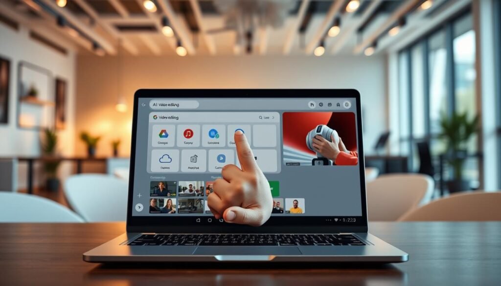 A sleek, user-friendly digital interface showcasing the features of Google Veo 3.1. In the foreground, a modern laptop displays the main dashboard of the application, highlighting key functionalities like AI video editing, real-time collaboration, and intuitive navigation. The middle layer features a hand interacting with the touch screen, demonstrating the app's responsive design, while icons for cloud storage and editing tools are visible. The background consists of a stylish, tech-inspired office space with soft, ambient lighting that creates a calm and focused atmosphere. Use a soft focus effect on the background elements to emphasize the interface and hand interaction, capturing the essence of innovation and professionalism. A sleek, user-friendly digital interface showcasing the features of Google Veo 3.1. In the foreground, a modern laptop displays the main dashboard of the application, highlighting key functionalities like AI video editing, real-time collaboration, and intuitive navigation. The middle layer features a hand interacting with the touch screen, demonstrating the app's responsive design, while icons for cloud storage and editing tools are visible. The background consists of a stylish, tech-inspired office space with soft, ambient lighting that creates a calm and focused atmosphere. Use a soft focus effect on the background elements to emphasize the interface and hand interaction, capturing the essence of innovation and professionalism.