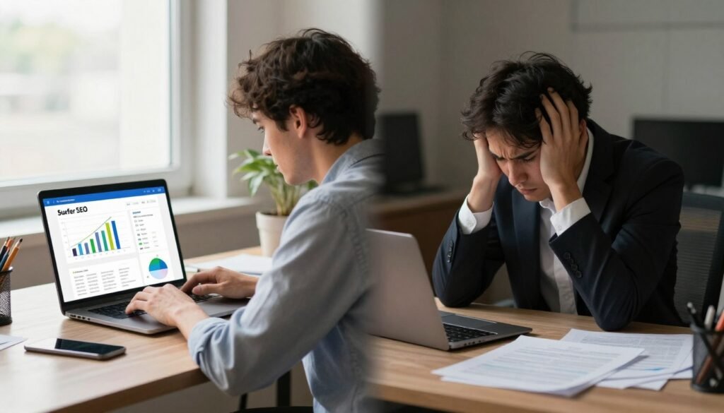 A split scene illustrating the pros and cons of Surfer SEO: on the left, a bright and inviting workspace featuring a professional-looking person in smart casual attire analyzing a laptop screen displaying vibrant graphs and SEO data, embodying the advantages of using Surfer SEO, with natural light filtering through a window. The right side contrasts this with a more subdued atmosphere, showing a frustrated individual in business attire at a cluttered desk, with papers strewn about, surrounded by a dim light, representing challenges faced when using the tool. The background features soft blurred elements, suggesting an office environment, while a slight vignette adds focus to the two contrasting experiences. The overall mood balances optimism on the left with the reality of obstacles on the right.