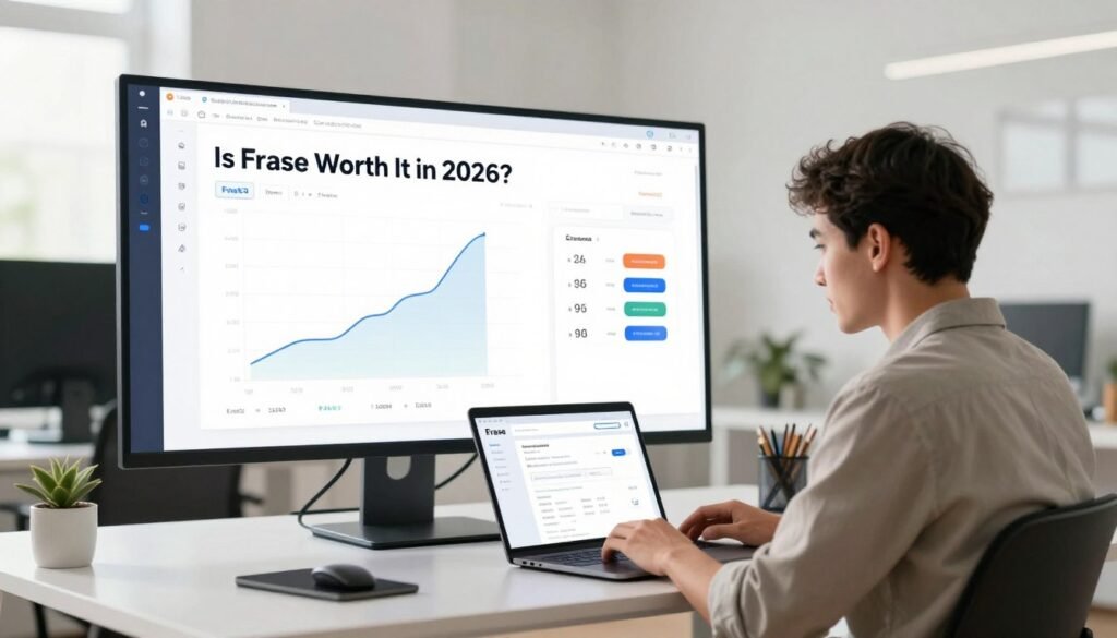 A split-scene illustration displaying a modern digital workspace to evaluate "Is Frase Worth It in 2026?". In the foreground, a focused professional in smart casual attire, seated at a sleek desk with a laptop open, eagerly analyzing the Frase interface. The middle layer features a large digital screen showcasing dynamic graphs, pricing, and key features of Frase. In the background, a bright, minimalistic office with soft natural lighting creates an inviting atmosphere. The overall mood is one of optimism and productivity, emphasizing the evaluation of this powerful tool. Use a wide angle lens to create depth, and ensure the scene is clear and visually engaging without any text or distractions.