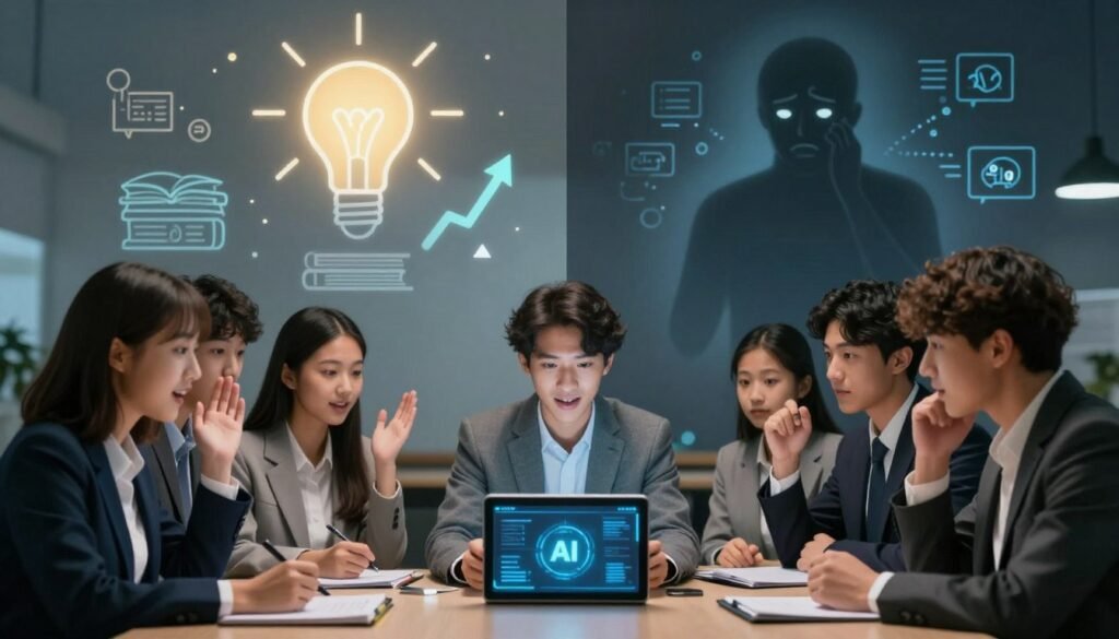A split scene showcasing the pros and cons of AI tutoring, with a visually striking contrast. In the foreground, a diverse group of students (in professional business attire) engaging with an AI tutor on a digital tablet, displaying excitement and curiosity. The middle ground features visual symbols of AI learning benefits—such as a glowing light bulb representing ideas, books, and upward arrows indicating growth. In stark contrast, the background depicts AI learning limitations, illustrated by a shadowy figure looking confused with computation symbols fading away. Soft, diffused lighting highlights the students, while cooler tones in the background evoke uncertainty. The overall mood should be balanced; a blend of optimism and caution, reflecting the dual nature of AI in education.