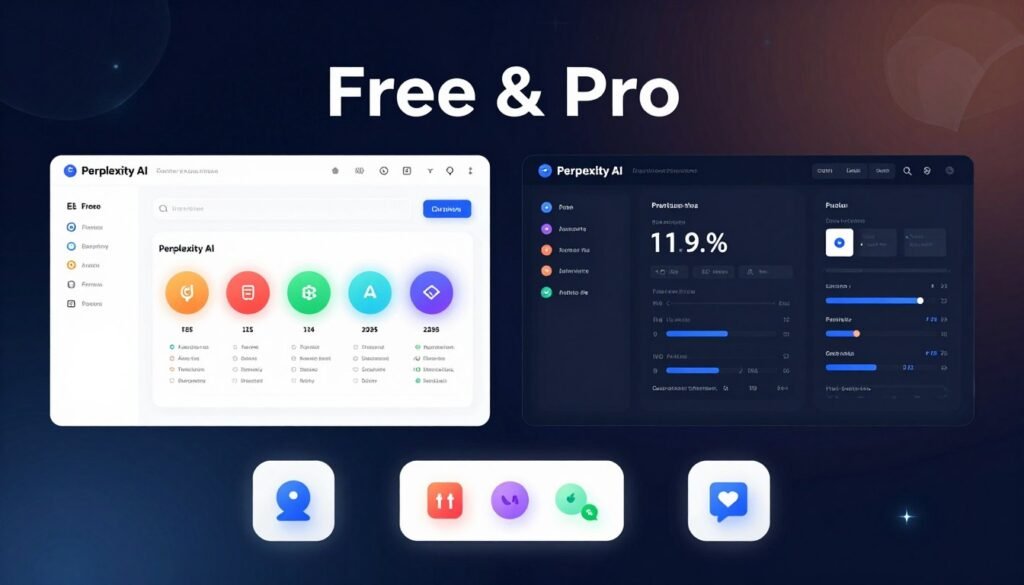 A split-screen comparison illustrating Perplexity AI's Free and Pro versions. On the left, show the Free version interface, featuring a simple, user-friendly dashboard with essential tools and vibrant colors that convey accessibility and ease of use. On the right, depict the Pro version with a sophisticated, advanced interface showcasing premium features, analytics, and a sleek, dark theme to represent professionalism and power. In the foreground, include stylized icons or symbols representing features like speed, support, and functionality. The background should be a digital workspace with subtle gradients and glowing light effects, creating a modern and tech-savvy atmosphere. Use soft lighting to enhance the details and maintain clarity. The overall mood should feel informative and engaging, suitable for a tech-savvy audience.