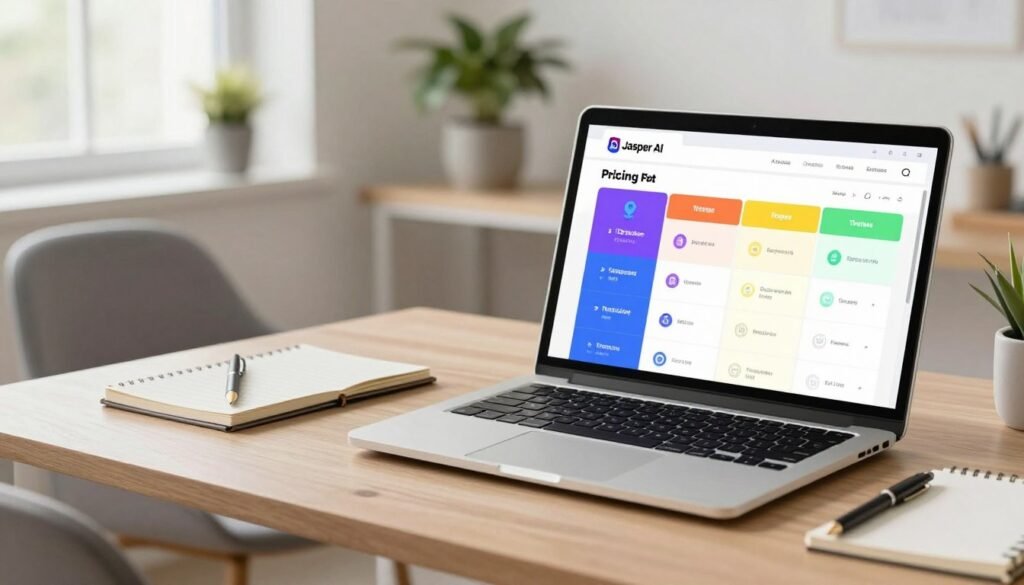 A stylish desk environment showcasing Jasper AI pricing. In the foreground, a sleek laptop displays a colorful pricing table with three tiers of subscription options, each featuring distinct icons for features. A stylish pen and notepad sit beside it, symbolizing productivity. In the middle ground, a modern chair and a few potted plants create a professional yet inviting atmosphere. The background features a window with natural light flooding in, highlighting the room's minimalist decor. The lighting is bright and inviting, emphasizing clarity and professionalism. The overall mood is optimistic and focused, conveying the idea of efficient business solutions. No individuals are present in the image. A stylish desk environment showcasing Jasper AI pricing. In the foreground, a sleek laptop displays a colorful pricing table with three tiers of subscription options, each featuring distinct icons for features. A stylish pen and notepad sit beside it, symbolizing productivity. In the middle ground, a modern chair and a few potted plants create a professional yet inviting atmosphere. The background features a window with natural light flooding in, highlighting the room's minimalist decor. The lighting is bright and inviting, emphasizing clarity and professionalism. The overall mood is optimistic and focused, conveying the idea of efficient business solutions. No individuals are present in the image.