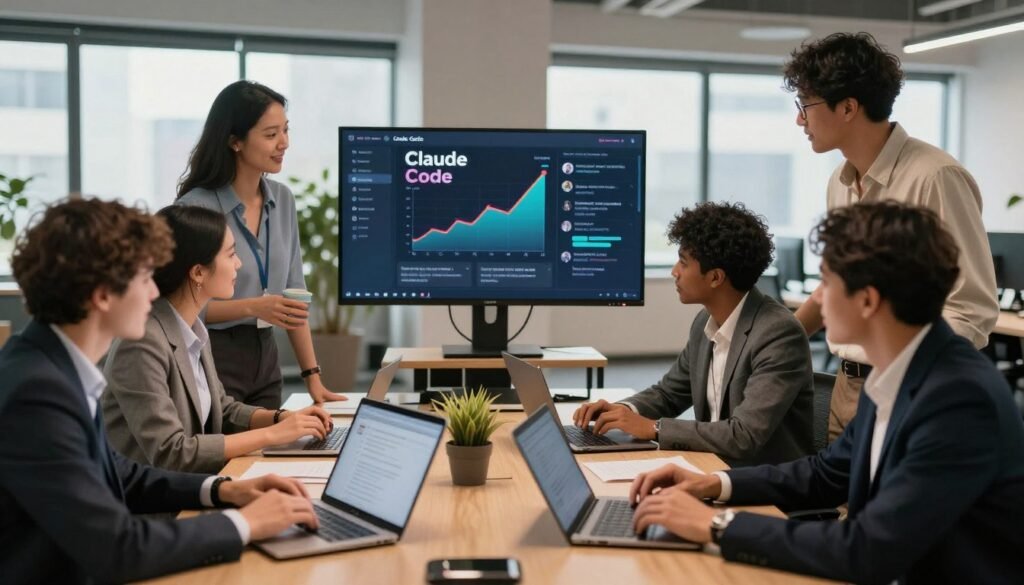 A vibrant community support scene focusing on the "Claude Code" platform. In the foreground, a diverse group of professionals in business attire collaborates around laptops and tablets, showcasing a spirit of teamwork and innovation. In the middle ground, a digital interface displaying features of Claude Code is visible, with colorful graphs and community feedback flowing around it. In the background, a modern office environment with bright lighting and large windows encourages a sense of openness and creativity. The mood is energetic and supportive, reflecting a dynamic exchange of ideas and camaraderie among users. The lighting is warm and inviting, enhancing a collaborative atmosphere, while the composition captures a depth of engagement and enthusiasm for the Claude Code community.