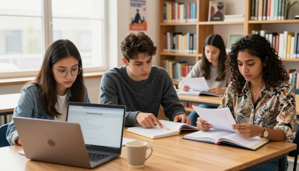 A vibrant, modern study environment featuring a diverse group of three students engaged in their studies. In the foreground, a young woman with glasses, dressed in casual yet neat attire, is focused on her laptop, with a Grammarly interface visible on the screen. Next to her, a young man in a stylish sweater is pointing at a notebook filled with notes and colorful sticky tabs, and another student, a woman wearing a chic blouse, is reviewing a binder filled with papers. The background showcases bookshelves filled with academic books and inspirational posters, bathed in warm, natural light streaming through a large window. The atmosphere is dynamic and collaborative, radiating a sense of productivity and creativity in a learning space. A vibrant, modern study environment featuring a diverse group of three students engaged in their studies. In the foreground, a young woman with glasses, dressed in casual yet neat attire, is focused on her laptop, with a Grammarly interface visible on the screen. Next to her, a young man in a stylish sweater is pointing at a notebook filled with notes and colorful sticky tabs, and another student, a woman wearing a chic blouse, is reviewing a binder filled with papers. The background showcases bookshelves filled with academic books and inspirational posters, bathed in warm, natural light streaming through a large window. The atmosphere is dynamic and collaborative, radiating a sense of productivity and creativity in a learning space.