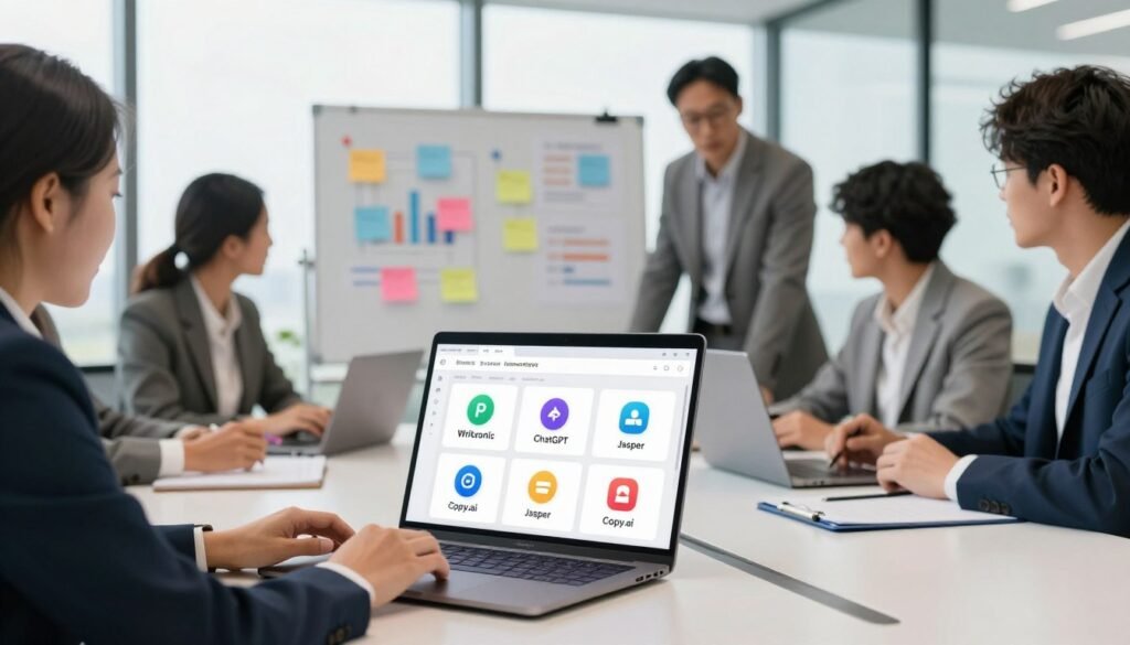 A visual representation of modern AI writing tools in an office setting, showing diverse professionals in business attire collaborating around a sleek conference table. In the foreground, an open laptop displays a user-friendly interface symbolizing various Writesonic alternatives, surrounded by colorful digital icons representing different tools and services like ChatGPT, Jasper, and Copy.ai. In the middle, a whiteboard filled with charts and brainstorming notes illustrates a vibrant, collaborative atmosphere. The background features large windows with natural light streaming in, creating a bright and energetic environment. Capture a professional and innovative mood, emphasizing technology and teamwork, using clear, crisp lighting with a slight depth of field to focus on the foreground elements. A visual representation of modern AI writing tools in an office setting, showing diverse professionals in business attire collaborating around a sleek conference table. In the foreground, an open laptop displays a user-friendly interface symbolizing various Writesonic alternatives, surrounded by colorful digital icons representing different tools and services like ChatGPT, Jasper, and Copy.ai. In the middle, a whiteboard filled with charts and brainstorming notes illustrates a vibrant, collaborative atmosphere. The background features large windows with natural light streaming in, creating a bright and energetic environment. Capture a professional and innovative mood, emphasizing technology and teamwork, using clear, crisp lighting with a slight depth of field to focus on the foreground elements.