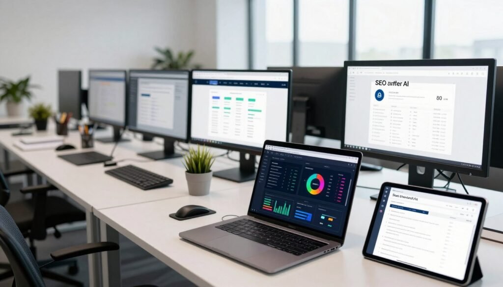 A visually appealing digital workspace filled with a diverse array of computer screens showcasing various SEO tools and metrics as alternatives to Surfer AI. In the foreground, a sleek laptop with colorful charts and graphs on its display, accompanied by a tablet featuring a clean interface of a competitor software. In the middle, an organized desk with office supplies and a small plant, creating a professional atmosphere. In the background, a modern office setting with minimalist decor, large windows allowing natural light to flood the room, creating a bright and optimistic mood. The lens perspective is slightly tilted to offer a dynamic view of the workspace, emphasizing collaboration and productivity in the digital marketing field.
