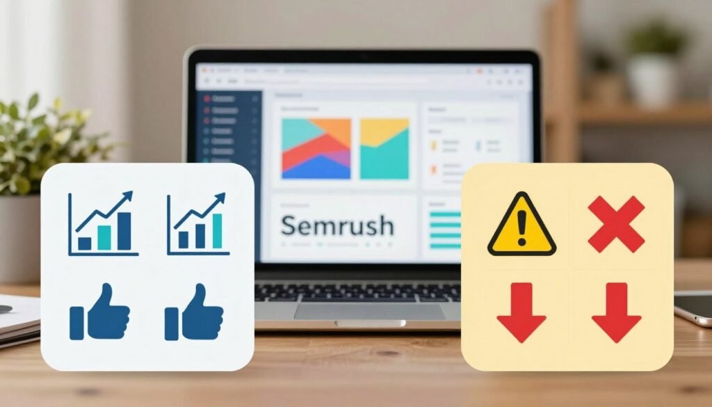 A visually appealing infographic-style image illustrating the pros and cons of Semrush. In the foreground, a balanced representation with two distinct sections: one side displays positive aspects such as graphs, chart icons, and thumbs-up symbols, while the opposite side features negative aspects like caution signs, red crosses, and down arrows. In the middle ground, a digital workspace with a laptop open to the Semrush interface, showcasing colorful graphics and data analytics. The background is softly blurred to emphasize the foreground elements, with warm, inviting lighting for a professional atmosphere. The overall mood is informative and analytical, appealing to readers interested in digital marketing tools. No text or additional elements included.