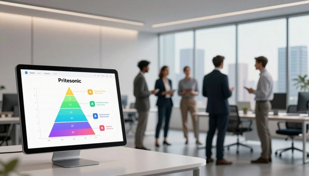 A visually engaging illustration of Writesonic's pricing and subscription options, set in a modern, minimalist office environment. In the foreground, a sleek digital device displays an interactive graph of pricing tiers, accompanied by vibrant icons representing various features. In the middle ground, a diverse group of professionals in polished business attire engages in discussion, appearing focused and collaborative. The background features soft, ambient lighting and large windows offering a view of a bustling city skyline, enhancing the sense of innovation and growth. The mood is inspiring and professional, reflecting a technological hub. The composition should employ a balanced perspective, giving a clear overview of the pricing concept while maintaining an inviting atmosphere. A visually engaging illustration of Writesonic's pricing and subscription options, set in a modern, minimalist office environment. In the foreground, a sleek digital device displays an interactive graph of pricing tiers, accompanied by vibrant icons representing various features. In the middle ground, a diverse group of professionals in polished business attire engages in discussion, appearing focused and collaborative. The background features soft, ambient lighting and large windows offering a view of a bustling city skyline, enhancing the sense of innovation and growth. The mood is inspiring and professional, reflecting a technological hub. The composition should employ a balanced perspective, giving a clear overview of the pricing concept while maintaining an inviting atmosphere.