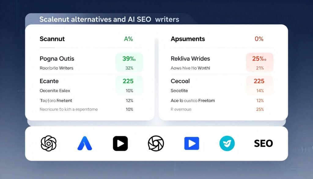 A visually engaging, professional comparison chart illustrating "Scalenut alternatives and AI SEO writers." In the foreground, display an array of sleek, modern icons representing different AI SEO tools, such as bright logos or unique symbols. The middle ground features a clean, well-organized layout with side-by-side comparisons of features and pricing highlights for each tool, with a polished and professional look. In the background, a subtle gradient reflects a high-tech environment, enhancing clarity and focus on the subject matter. Use soft, even lighting to promote an informative yet approachable atmosphere. The angle should be slightly tilted to create depth, inviting viewers to explore the comparisons. The overall mood is professional, analytical, and conducive to learning about alternatives in the AI writing space. A visually engaging, professional comparison chart illustrating "Scalenut alternatives and AI SEO writers." In the foreground, display an array of sleek, modern icons representing different AI SEO tools, such as bright logos or unique symbols. The middle ground features a clean, well-organized layout with side-by-side comparisons of features and pricing highlights for each tool, with a polished and professional look. In the background, a subtle gradient reflects a high-tech environment, enhancing clarity and focus on the subject matter. Use soft, even lighting to promote an informative yet approachable atmosphere. The angle should be slightly tilted to create depth, inviting viewers to explore the comparisons. The overall mood is professional, analytical, and conducive to learning about alternatives in the AI writing space.