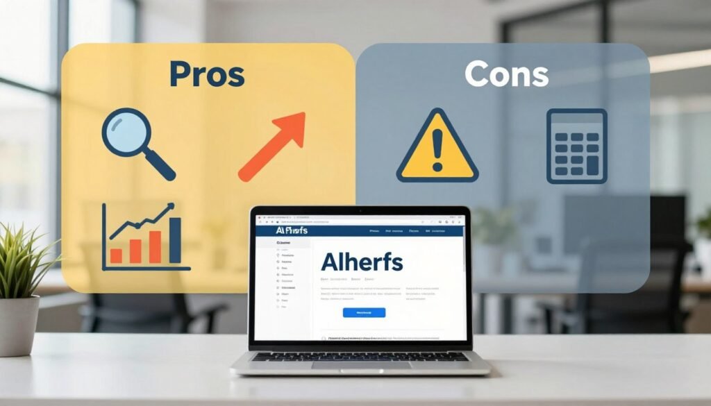 A visually engaging representation of the pros and cons of Ahrefs, featuring a split design. On the left side, showcase positive aspects with vibrant colors, including icons like a magnifying glass, upward arrow, and analytics graphs, symbolizing growth and analysis. On the right side, depict the cons with slightly muted tones, incorporating symbols such as a warning sign and a calculator, illustrating challenges and pricing. The foreground should feature a clean, modern workspace with a laptop displaying the Ahrefs interface, while the background includes blurred outlines of a corporate office, suggesting a professional atmosphere. Use soft, natural lighting to create a balanced, informative feel, capturing the essence of a tool for marketers and SEO professionals. A visually engaging representation of the pros and cons of Ahrefs, featuring a split design. On the left side, showcase positive aspects with vibrant colors, including icons like a magnifying glass, upward arrow, and analytics graphs, symbolizing growth and analysis. On the right side, depict the cons with slightly muted tones, incorporating symbols such as a warning sign and a calculator, illustrating challenges and pricing. The foreground should feature a clean, modern workspace with a laptop displaying the Ahrefs interface, while the background includes blurred outlines of a corporate office, suggesting a professional atmosphere. Use soft, natural lighting to create a balanced, informative feel, capturing the essence of a tool for marketers and SEO professionals.