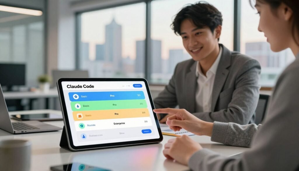 A visually engaging scene illustrating the pricing plans for Claude Code in web development. In the foreground, a sleek tablet displays a colorful pricing table with different subscription tiers, including icons for features like "Basic," "Pro," and "Enterprise." The middle ground features a modern office environment, with a professional businessperson in smart attire analyzing the tablet, surrounded by a clean workspace with laptops and design tools. In the background, a large window showcases a city skyline, illuminated by soft daylight, enhancing an atmosphere of innovation and opportunity. The overall mood is professional and optimistic, highlighting the value of web development solutions. Use soft, natural lighting to create a warm and inviting ambiance.