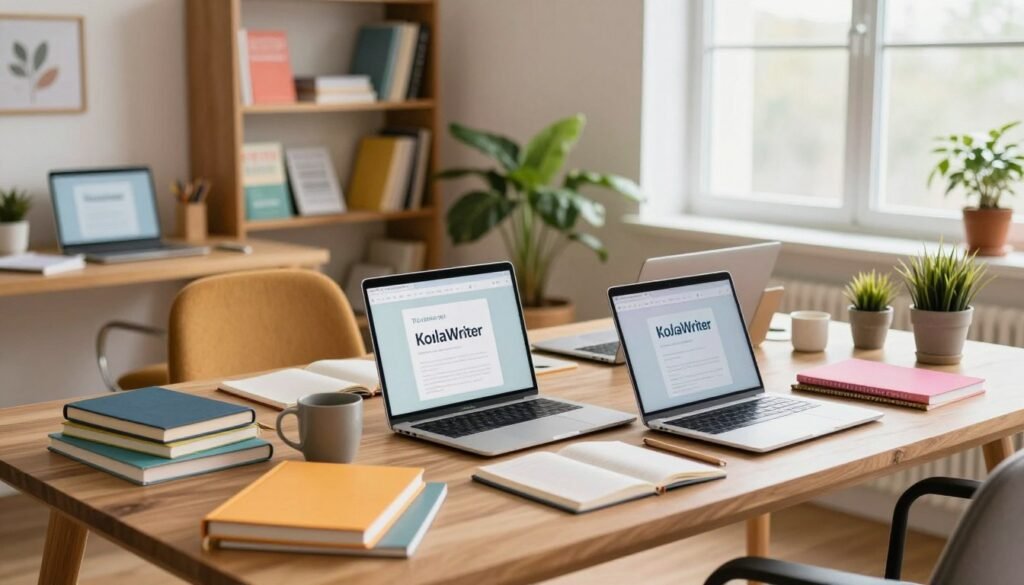 A visually engaging scene showcasing a cozy, modern workspace filled with vibrant alternatives to KoalaWriter. In the foreground, an elegant wooden desk cluttered with colorful notebooks, sleek laptops, and an array of digital devices that symbolize various writing tools. In the middle, an inviting office chair and a potted plant add a touch of warmth to the atmosphere. The background features a softly lit bookshelf filled with guides on writing, creativity, and productivity, with a large window allowing natural light to illuminate the space. The overall mood is inspiring and productive, ideal for a writer exploring new options. Utilize a warm color palette and soft focus to enhance the inviting atmosphere. Use a wide-angle lens perspective to capture the workspace's depth and character.
