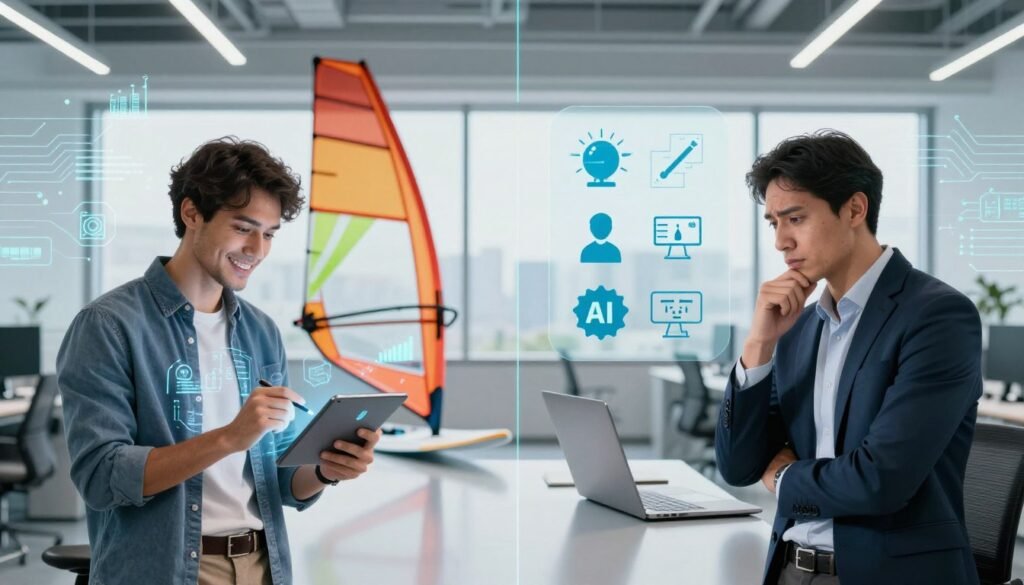 A visually engaging split-image showcasing the pros and cons of Windsurf AI technology. In the foreground, on the left side, depict a professional and optimistic business person in smart casual attire, analyzing data on a futuristic tablet, surrounded by symbols of innovation like charts and graphs. On the right, present a contrasting scene with a concerned professional, also dressed in smart casual attire, contemplating the challenges of AI, with icons representing drawbacks such as complexity and privacy concerns. The middle ground features a sleek, modern office setting, with large windows allowing natural light to stream in, enhancing the clean, organized atmosphere. The background showcases a subtle blend of technological elements, such as circuit patterns and digital screens, creating an atmosphere of advancement and thoughtfulness. Aim for a balanced and informative mood that highlights both perspectives distinctly without clutter. A visually engaging split-image showcasing the pros and cons of Windsurf AI technology. In the foreground, on the left side, depict a professional and optimistic business person in smart casual attire, analyzing data on a futuristic tablet, surrounded by symbols of innovation like charts and graphs. On the right, present a contrasting scene with a concerned professional, also dressed in smart casual attire, contemplating the challenges of AI, with icons representing drawbacks such as complexity and privacy concerns. The middle ground features a sleek, modern office setting, with large windows allowing natural light to stream in, enhancing the clean, organized atmosphere. The background showcases a subtle blend of technological elements, such as circuit patterns and digital screens, creating an atmosphere of advancement and thoughtfulness. Aim for a balanced and informative mood that highlights both perspectives distinctly without clutter.