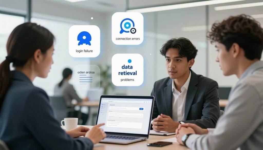A visually informative illustration showcasing common problems and fixes for Perplexity AI. In the foreground, depict a diverse group of three professionals, each dressed in smart casual attire, engaged in discussion over a laptop displaying a user interface with error alerts. In the middle ground, visualize floating icons representing common issues like "login failure," "connection errors," and "data retrieval problems," elegantly illustrated in a simplified manner. The background should feature a modern office setting with soft, diffused lighting to create a collaborative atmosphere. The lens should capture a slight angle to give depth to the image, enhancing the sense of teamwork and problem resolution. Aim for a professional yet approachable mood, suitable for a tech-savvy audience.
