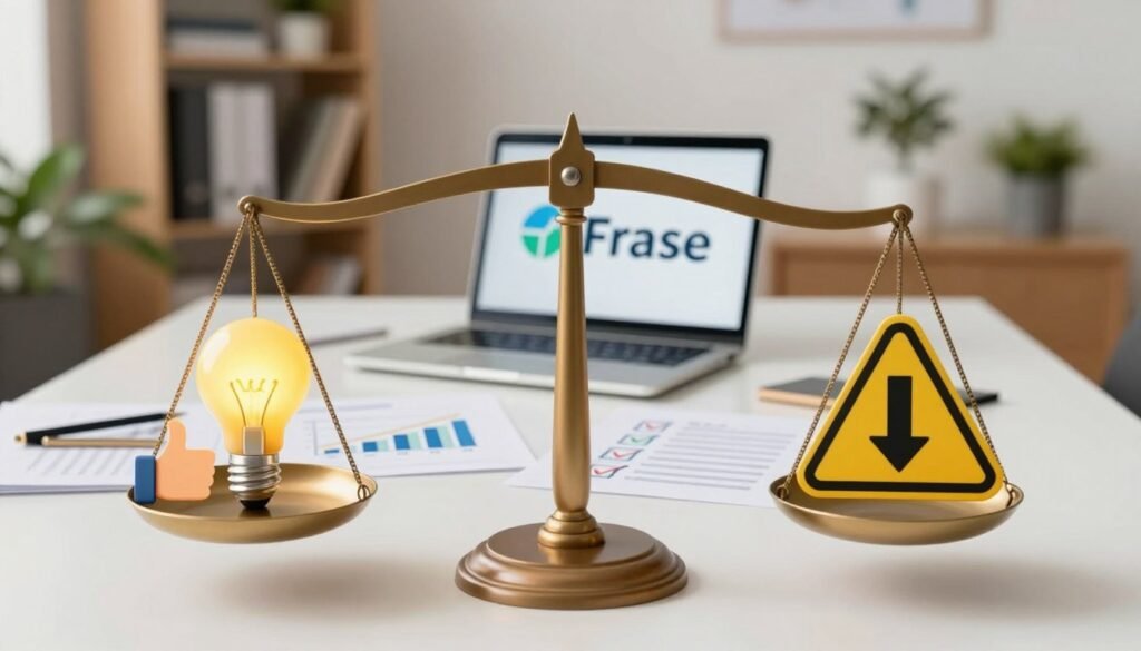 A visually striking and informative composition illustrating the pros and cons of Frase. In the foreground, depict a balanced scale, representing the pros on one side with symbols like a light bulb and a thumbs-up, and the cons on the other side with a caution sign and a downward arrow. In the middle layer, show a clean desk with a modern laptop open, displaying the Frase logo, surrounded by snippets of paper with icons like graphs and checklists. The background features a softly lit office environment with bookshelves and indoor greenery, conveying a sense of productivity and professionalism. Use warm lighting to create a welcoming atmosphere and a slight overhead angle to enhance visual depth. The image should feel engaging, informative, and reflective of a modern digital workspace.