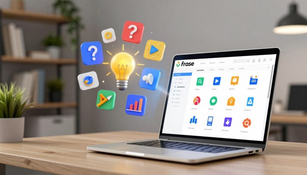 A visually striking image showcasing a collection of digital tools and software icons representing alternatives to Frase. In the foreground, a sleek, modern laptop is open, displaying a vibrant interface filled with colorful icons symbolizing various content writing and optimization platforms. In the middle ground, an abstract cluster of floating 3D icons, including question marks, lightbulbs, and charts, suggests innovation and creativity. The background features a tech-inspired workspace with blurred shelves of books and greenery, creating a professional yet inviting atmosphere. The lighting is bright and focused, emanating from the laptop screen, casting a soft glow on the scene. The overall mood is inspiring and forward-thinking, appealing to those exploring efficient content creation solutions.