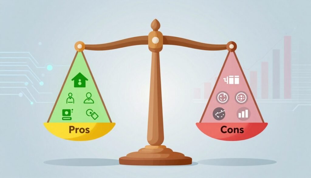 A visually striking infographic featuring a balanced scale representing the pros and cons of Scalenut, with the "Pros" side showcasing bright, uplifting colors like green and yellow, with icons symbolizing advantages such as efficiency, user-friendliness, and advanced features. The "Cons" side should utilize cooler tones like red and gray, depicting challenges like cost and complexity with relevant icons. In the background, a subtle abstract blend of technology-themed visuals, such as circuit patterns or charts, to signify innovation. Soft, even lighting to ensure clear visibility of details and a professional atmosphere. No text or overlays, just a clean, informative, and engaging visual representation of the advantages and disadvantages of Scalenut.