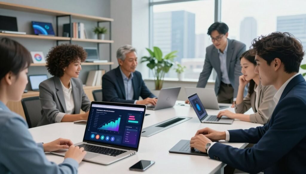 A visually striking scene representing various Khanmigo alternatives in a modern tech office environment. In the foreground, a sleek laptop displaying an alternative AI interface with colorful graphs and user-friendly icons, while a diverse group of professionals in smart business attire collaborates around a bright conference table. In the middle ground, shelves lined with tech gadgets and books related to AI and education, hinting at innovative solutions. The background features large windows with a city skyline, allowing soft natural light to pour in, creating an inviting and productive atmosphere. The color palette is a blend of blues and greens, conveying a sense of optimism and creativity. Capture this dynamic scene from a slightly elevated angle to emphasize collaboration and innovation.