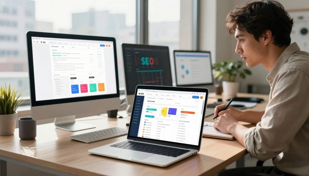 A visually striking workspace that represents various SEO tools as alternatives to Surfer SEO. In the foreground, a sleek laptop displays a bright, colorful dashboard of multiple SEO analytics platforms. To the side, a professional in smart casual attire analyzes the data, with focused expression and a notepad in hand. In the middle ground, a modern desk is adorned with SEO-related elements like keyword charts, graphs, and an assortment of tech gadgets that symbolize digital marketing. The background features a large window with a cityscape view, allowing natural sunlight to pour in, creating a warm and productive atmosphere. The overall mood is professional and innovative, suggesting collaboration and digital growth. Use soft lighting and a slight depth of field to emphasize the foreground elements.