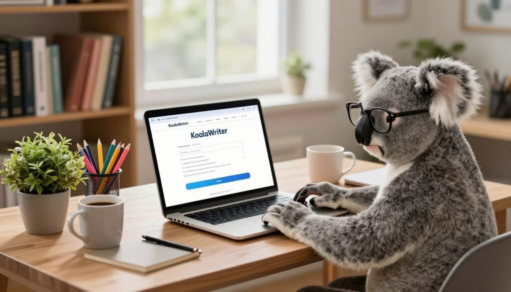A warm and inviting workspace featuring a stylish desk with a laptop open to the KoalaWriter account registration page. In the foreground, a friendly koala wearing glasses sits on the desk, typing on the keyboard, embodying the spirit of creativity. The middle ground showcases a neatly organized desk with colorful stationery, a coffee mug, and a potted plant. Soft, natural lighting streams in from a window in the background, illuminating a bookshelf filled with business books and journals. The atmosphere is cheerful and productive, evoking a sense of motivation and organization, perfect for users looking to create their KoalaWriter account. The scene captures the essence of modern entrepreneurship and innovation.