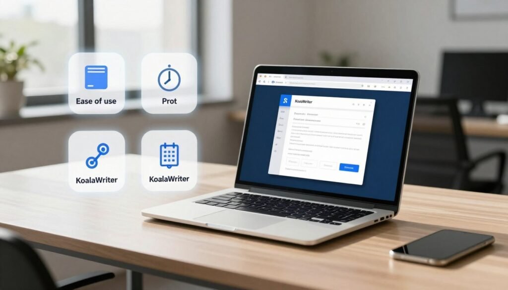 A well-lit, modern office environment as the background, featuring a sleek desk with a high-tech laptop displaying the KoalaWriter interface. In the foreground, visually distinct icons representing the benefits of KoalaWriter, such as ease of use, speed, and collaboration, float on one side. On the opposite side, contrasting icons for the drawbacks, including pricing and limitations, create a balanced composition. Soft, natural lighting streams in from a window behind the desk, casting gentle shadows and enhancing the professional atmosphere. The camera angle is slightly elevated, providing a clear view of the scene while keeping the focus on the laptop and icons. The mood is informative and engaging, perfect for illustrating a detailed review section.